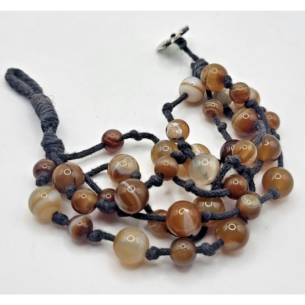 Bohemian Hippy Estate Agate Knotted Multistrand Bracelet 7in